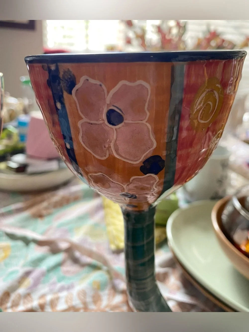 1980 Broussard Pottery Whimsical Tall Hand made/Painted Goblets. EC. LOOK NEW.